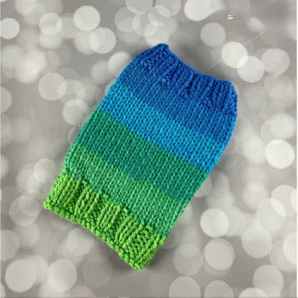 Hand Knit Blue Variegated Rainbow Dog Sweater XXXS Yorkie or Chihuahua Sweater